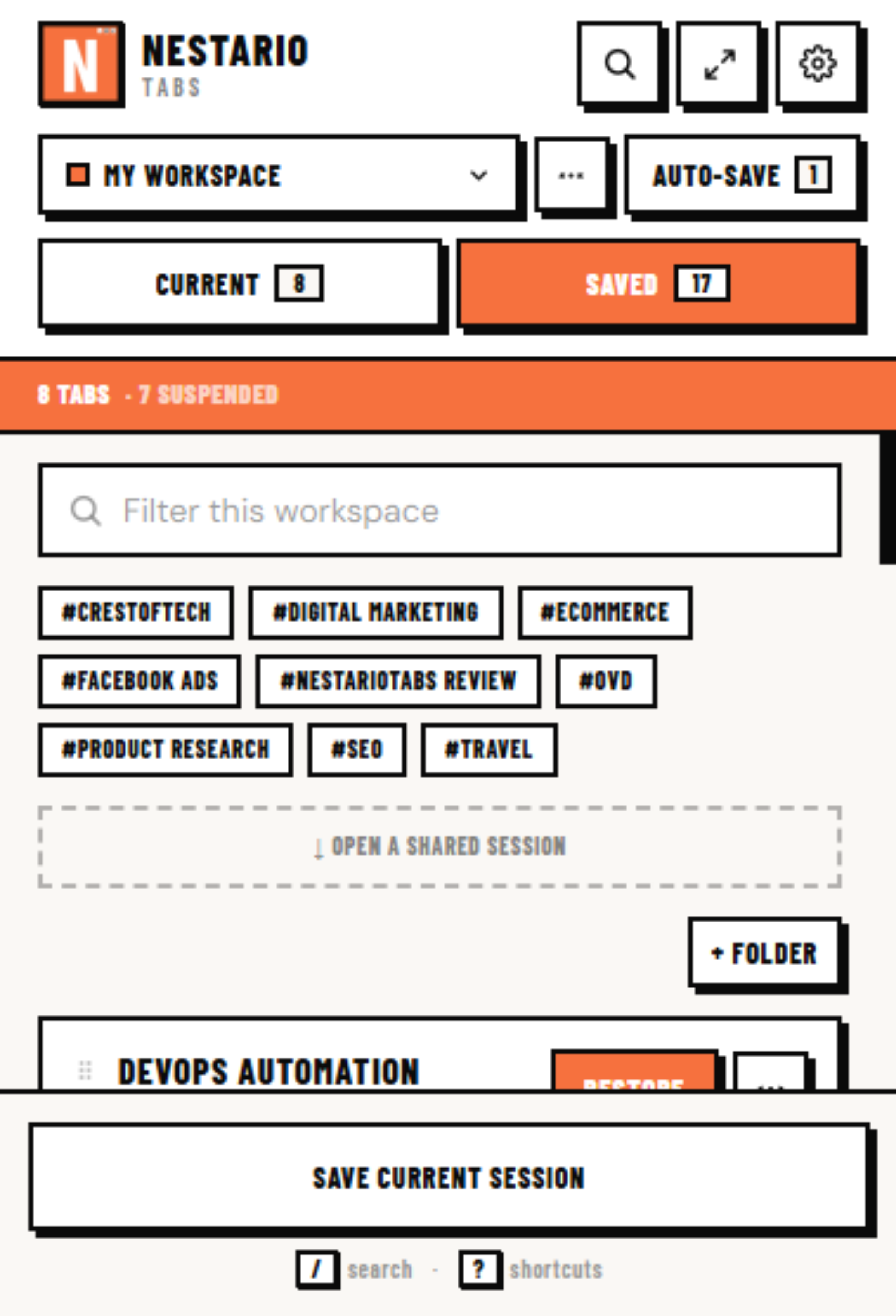 Saved sessions with a filter box, tag chips and a drop zone for opening a shared session